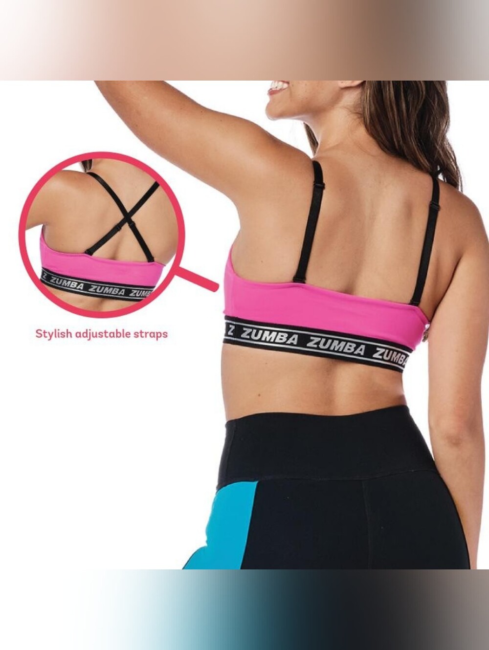 Zumba Glow Color-block Sports Bra size Large Lovely XXL XXLarge Blue Pink Yellow - Picture 6 of 8